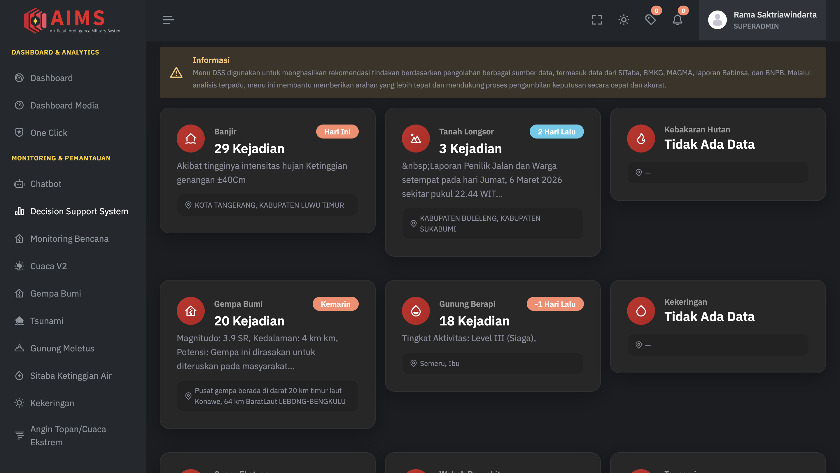 AIMS Decision Support System with disaster event cards and incident counts